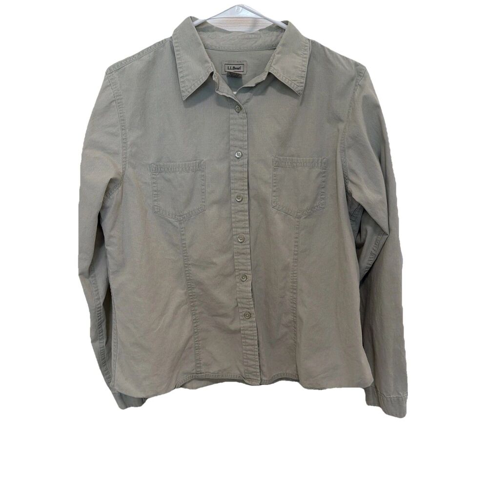 L.L. BEAN Women’s (M) Green Button Up Shirt Roll Tab rip stop Camping/Hiking